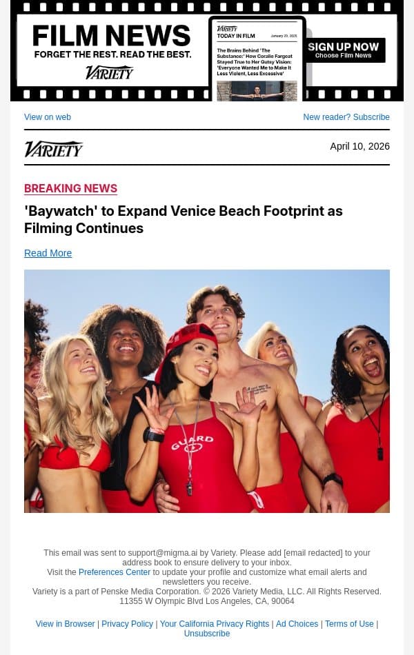 'Baywatch' to Expand Venice Beach Footprint as Filming Continues email from Variety screenshot