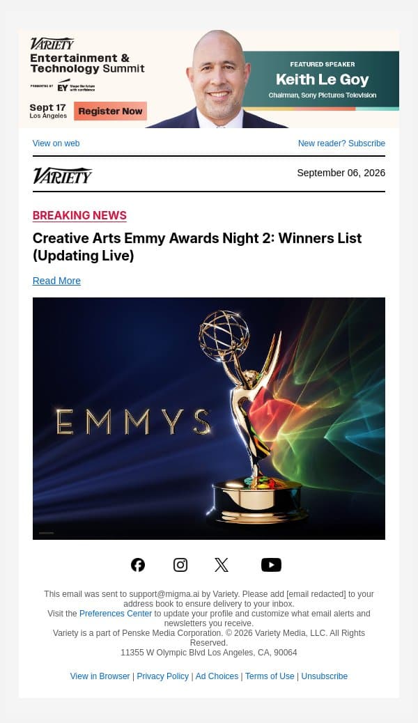 Creative Arts Emmy Awards Night 2: Winners List (Updating Live) email from Variety screenshot