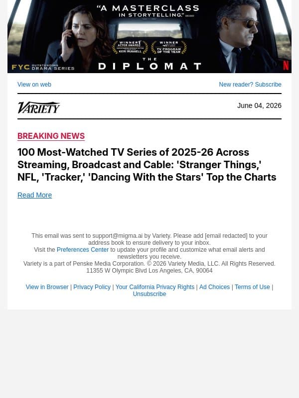 100 Most-Watched TV Series of 2025-26 Across Streaming, Broadcast and Cable: 'Stranger Things,' NFL, 'Tracker,' 'Dancing With the Stars' Top the Charts email from Variety screenshot