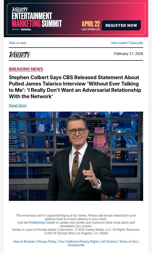 Stephen Colbert Says CBS Released Statement About Pulled James Talarico Interview 'Without Ever Talking to Me': 'I Really Don't Want an Adversarial Relationship With the Network' email from Variety screenshot