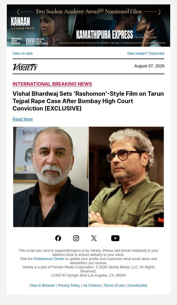 Vishal Bhardwaj Sets 'Rashomon'-Style Film on Tarun Tejpal Rape Case After Bombay High Court Conviction (EXCLUSIVE) email from Variety screenshot