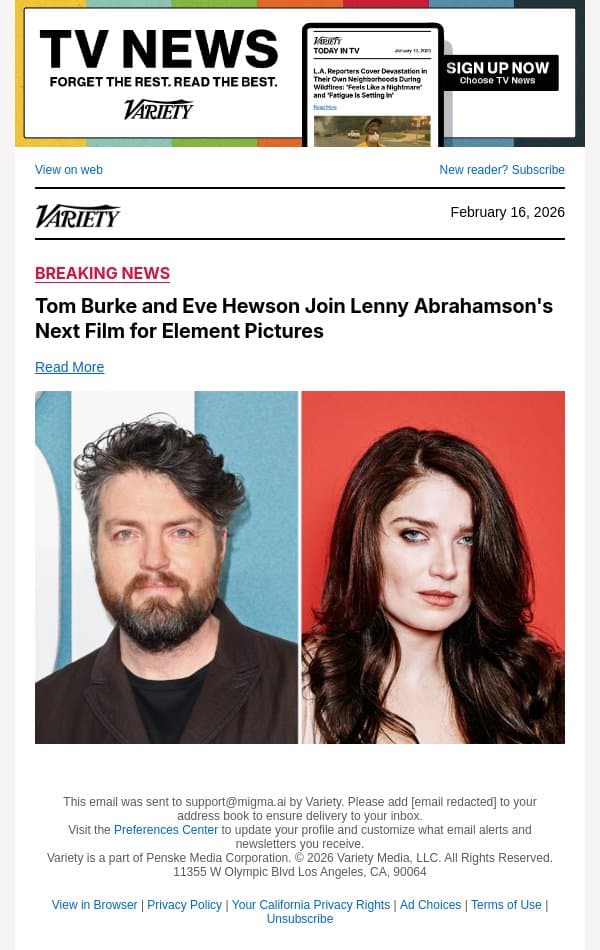 Tom Burke and Eve Hewson Join Lenny Abrahamson's Next Film for Element Pictures email from Variety screenshot