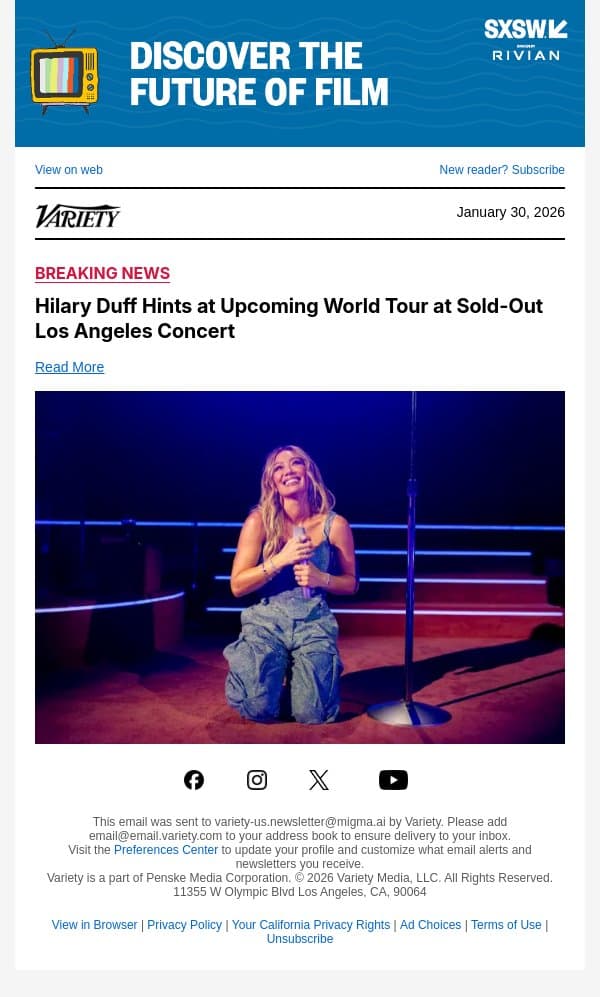 Hilary Duff Hints at Upcoming World Tour at Sold-Out Los Angeles Concert email from Variety screenshot