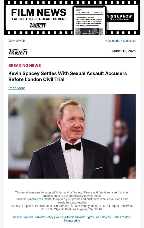 Kevin Spacey Settles With Sexual Assault Accusers Before London Civil Trial email from Variety screenshot