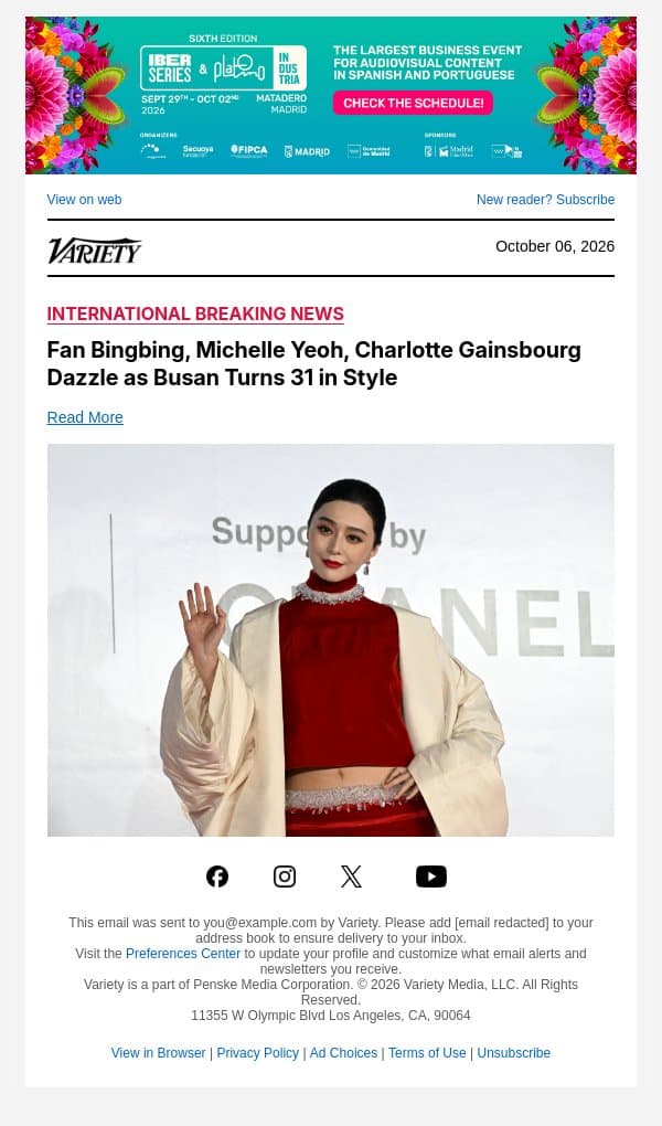 Fan Bingbing, Michelle Yeoh, Charlotte Gainsbourg Dazzle as Busan Turns 31 in Style email from Variety screenshot