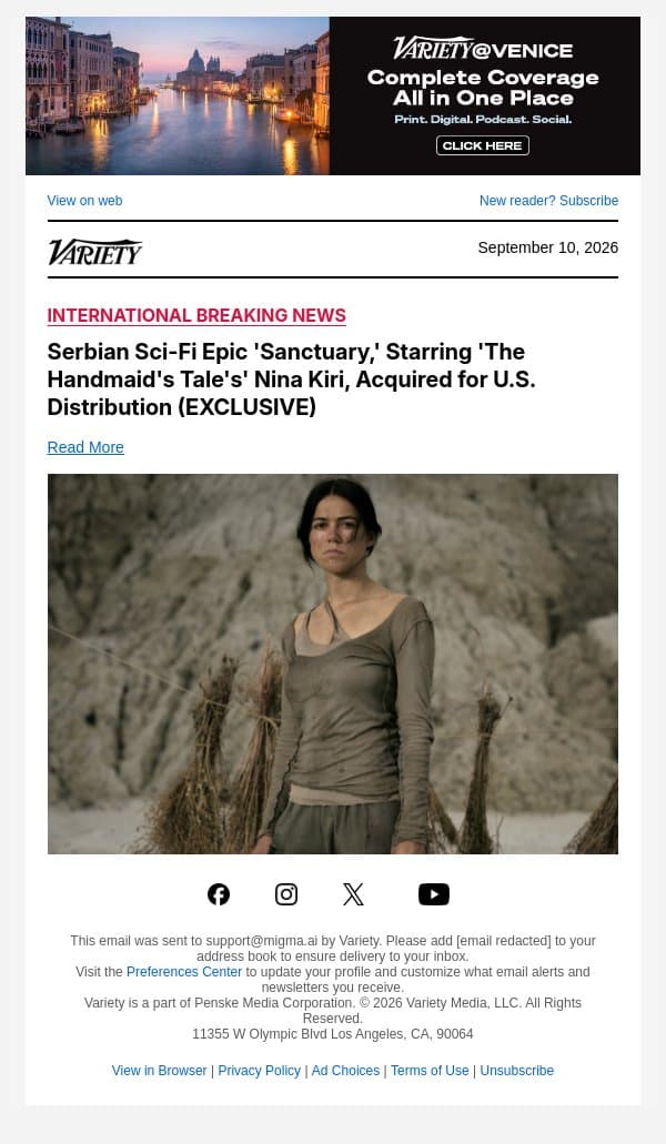 Serbian Sci-Fi Epic 'Sanctuary,' Starring 'The Handmaid's Tale's' Nina Kiri, Acquired for U.S. Distribution (EXCLUSIVE) email from Variety screenshot