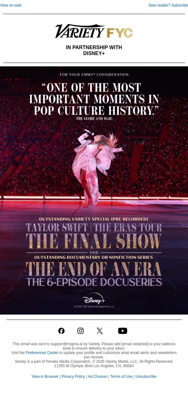 FYC: The End of An Era & Taylor Swift | The Eras Tour | The Final Show email from Variety screenshot