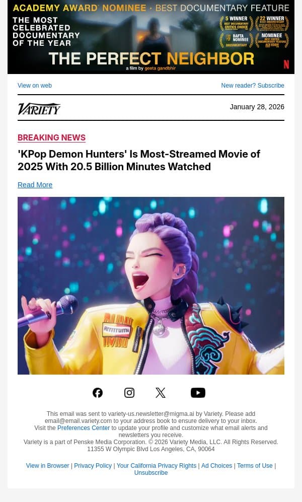 'KPop Demon Hunters' Is Most-Streamed Movie of 2025 With 20.5 Billion Minutes Watched email from Variety screenshot