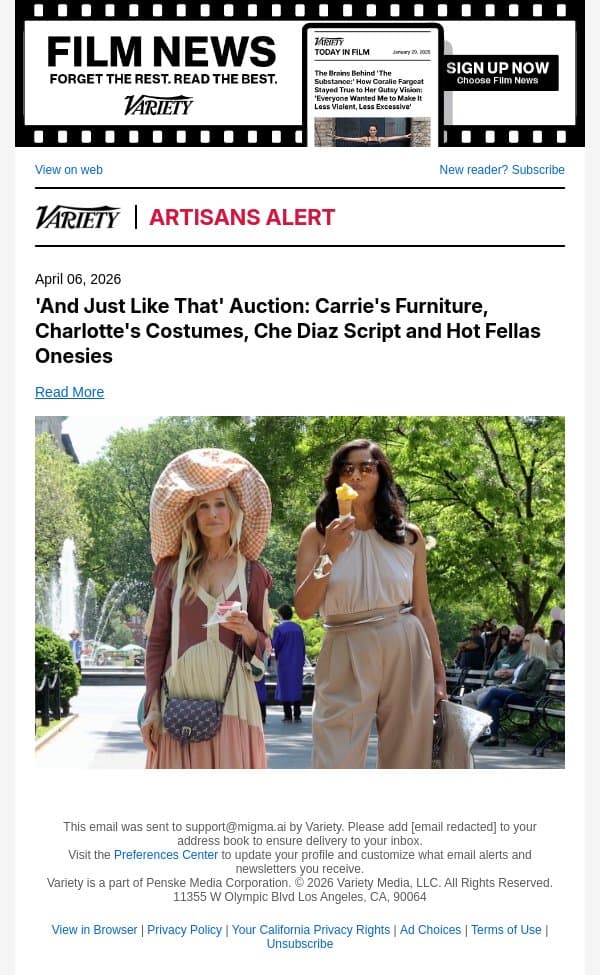 'And Just Like That' Auction: Carrie's Furniture, Charlotte's Costumes, Che Diaz Script and Hot Fellas Onesies email from Variety screenshot