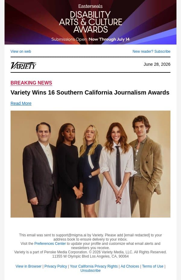 Variety Wins 16 Southern California Journalism Awards email from Variety screenshot