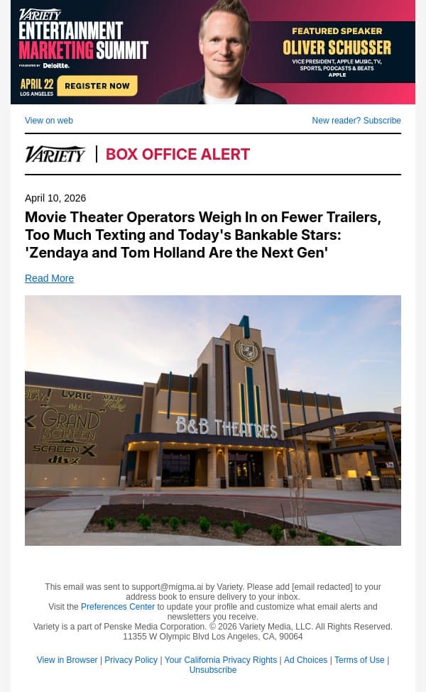 Movie Theater Operators Weigh In on Fewer Trailers, Too Much Texting and Today's Bankable Stars: 'Zendaya and Tom Holland Are the Next Gen' email from Variety screenshot