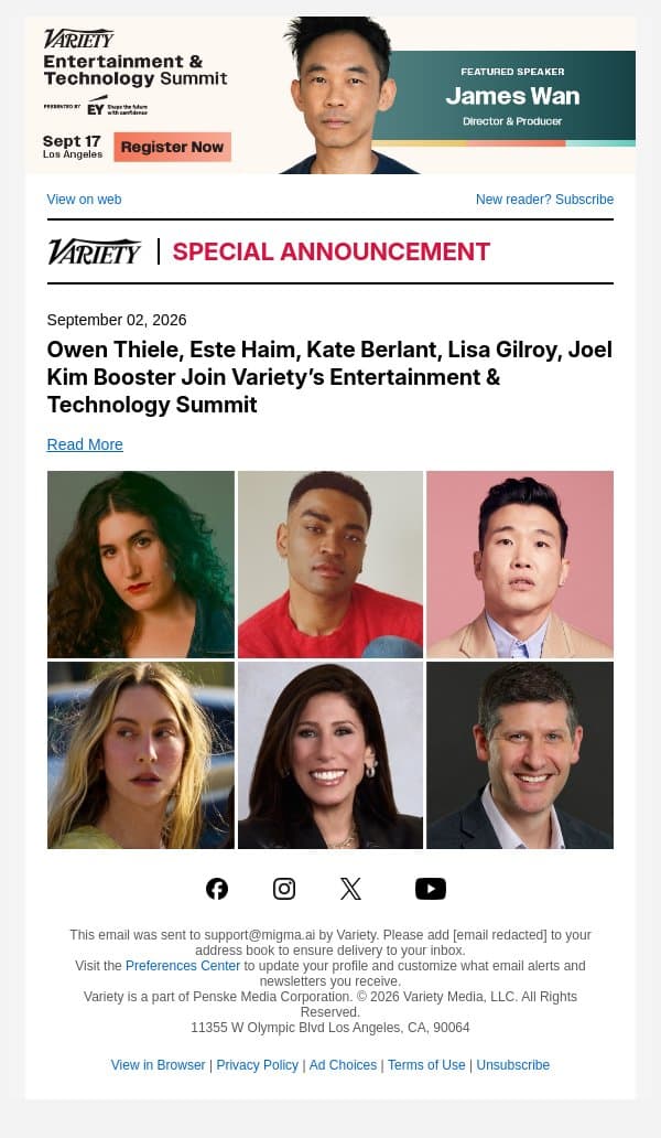 Owen Thiele, Este Haim, Kate Berlant, Lisa Gilroy, Joel Kim Booster Join Variety’s Entertainment & Technology Summit email from Variety screenshot