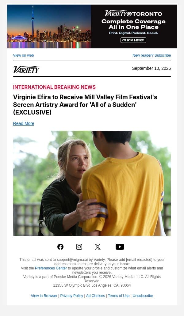 Virginie Efira to Receive Mill Valley Film Festival's Screen Artistry Award for 'All of a Sudden' (EXCLUSIVE) email from Variety screenshot