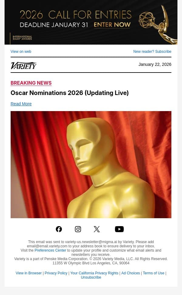Oscar Nominations 2026 (Updating Live) email from Variety screenshot