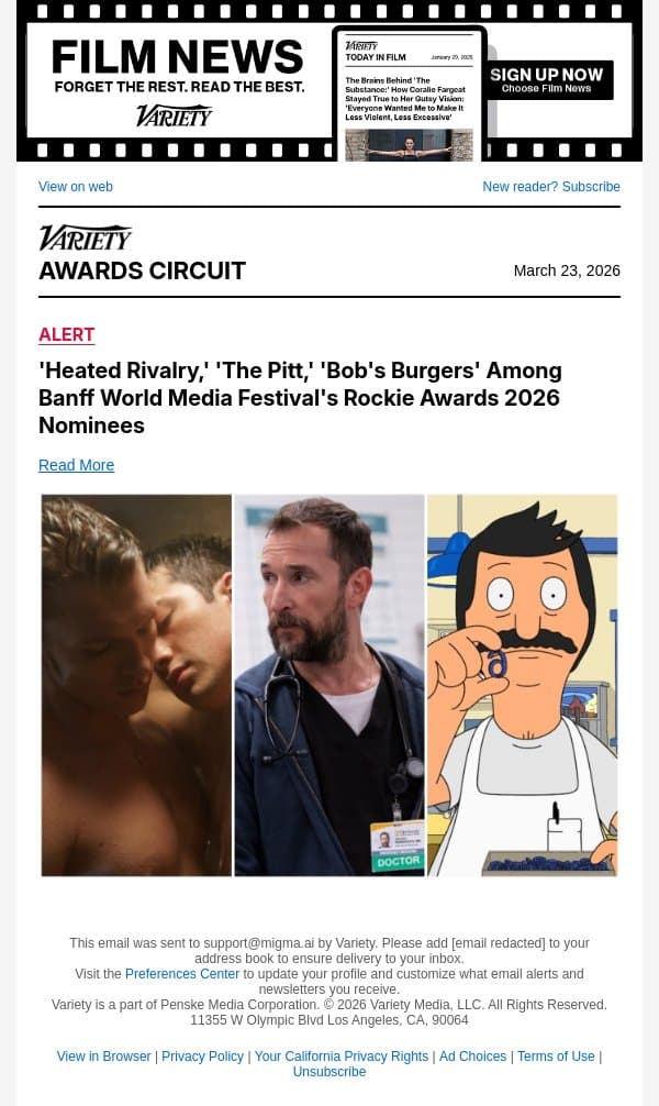 'Heated Rivalry,' 'The Pitt,' 'Bob's Burgers' Among Banff World Media Festival's Rockie Awards 2026 Nominees email from Variety screenshot
