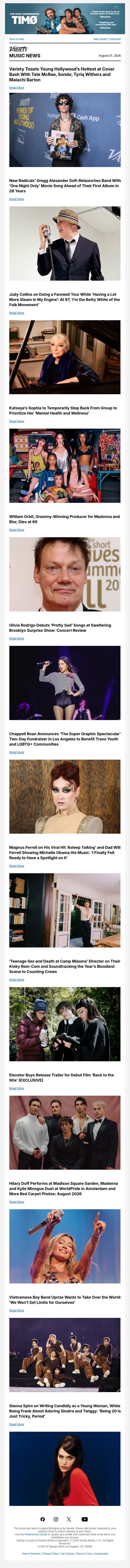Variety Toasts Tate McRae, Sombr at Power of Young Hollywood Event; New Radicals Get a Soft Relaunch; Judy Collins on Her Farewell Tour email from Variety screenshot