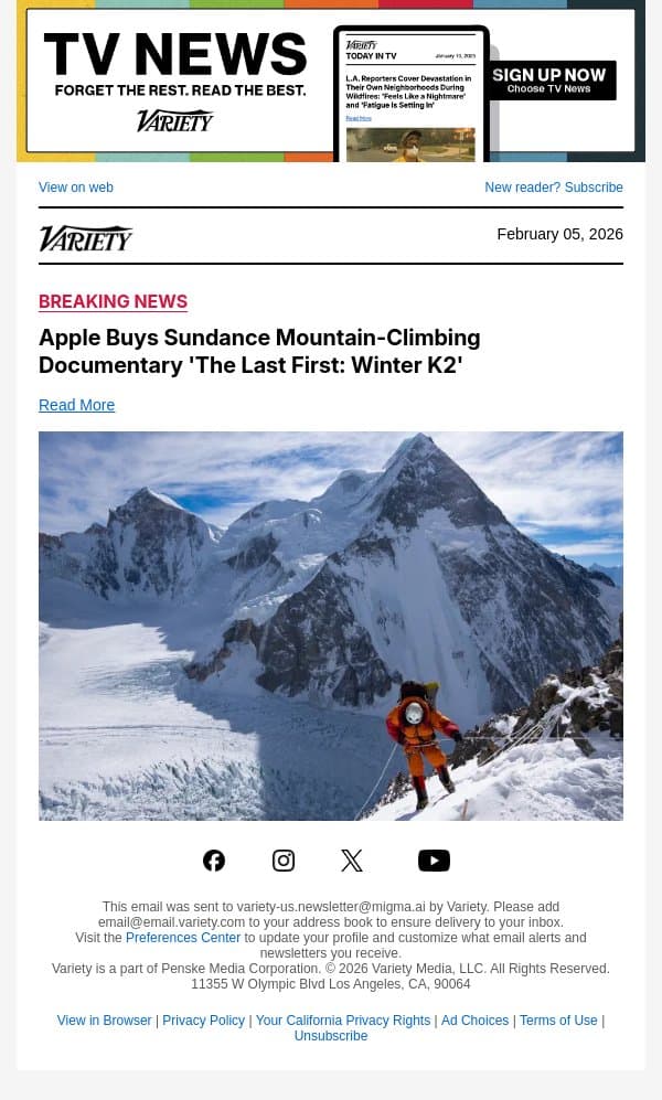 Apple Buys Sundance Mountain-Climbing Documentary 'The Last First: Winter K2' email from Variety screenshot