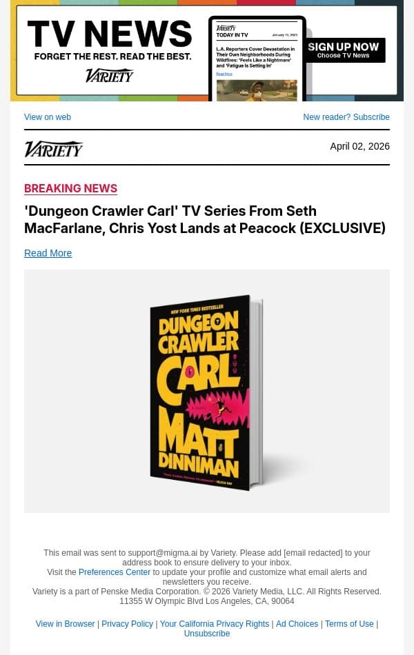'Dungeon Crawler Carl' TV Series From Seth MacFarlane, Chris Yost Lands at Peacock (EXCLUSIVE) email from Variety screenshot