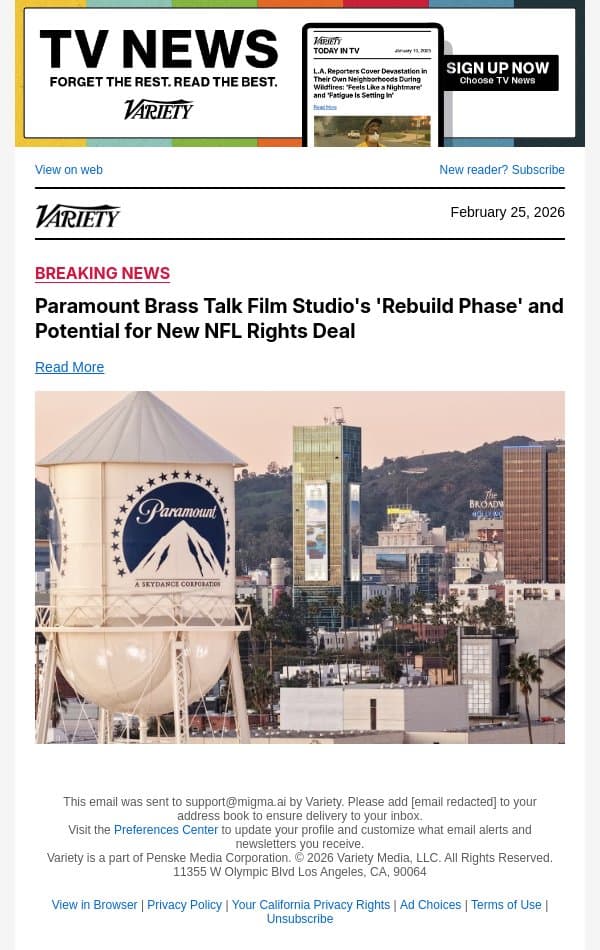 Paramount Brass Talk Film Studio's 'Rebuild Phase' and Potential for New NFL Rights Deal email from Variety screenshot
