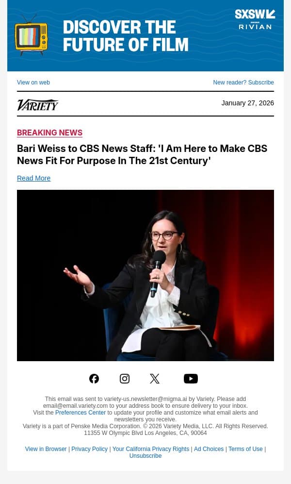 Bari Weiss to CBS News Staff: 'I Am Here to Make CBS News Fit For Purpose In The 21st Century' email from Variety screenshot