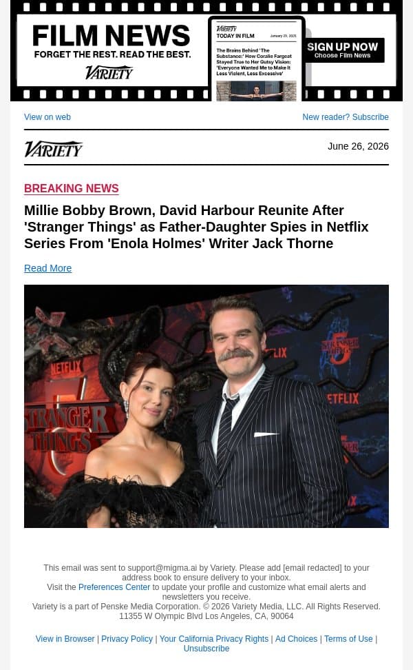 Millie Bobby Brown, David Harbour Reunite After 'Stranger Things' as Father-Daughter Spies in Netflix Series From 'Enola Holmes' Writer Jack Thorne email from Variety screenshot