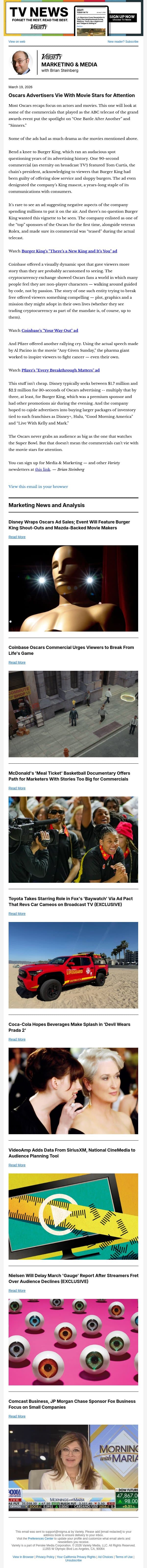 Marketing & Media Newsletter: Oscars Ads Create Drama; McDonald's Goes Documentary Route; Coca-Cola Hopes for 'Devil 2' Splash; Fox, Toyota Team on 'Baywatch'; and More email from Variety screenshot