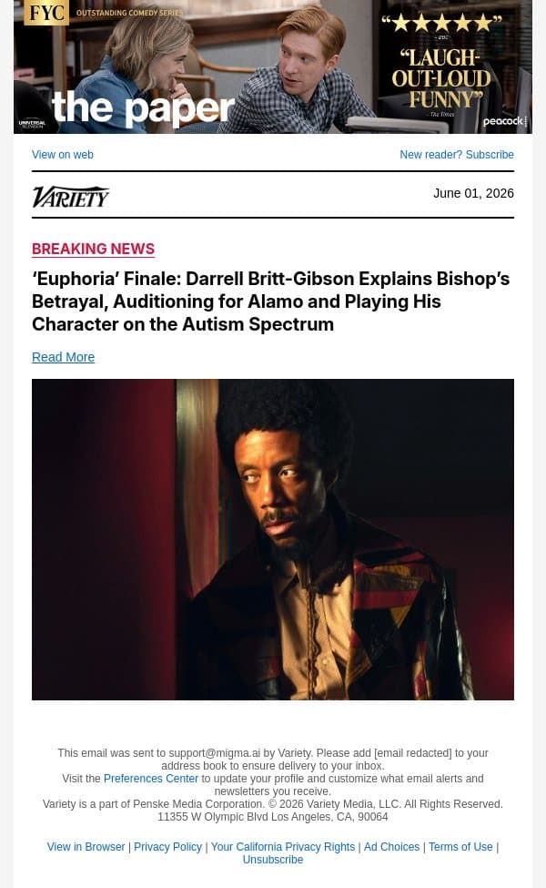 ‘Euphoria’ Finale: Darrell Britt-Gibson Explains Bishop’s Betrayal, Auditioning for Alamo and Playing His Character on the Autism Spectrum email from Variety screenshot