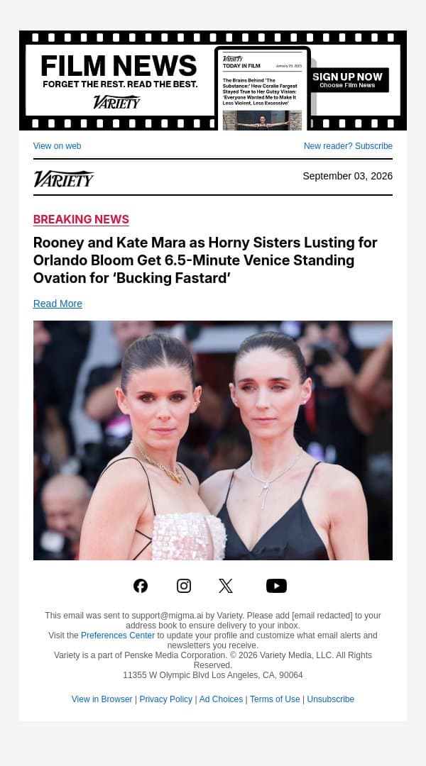 Rooney and Kate Mara as Horny Sisters Lusting for Orlando Bloom Get 6.5-Minute Venice Standing Ovation for ‘Bucking Fastard’ email from Variety screenshot