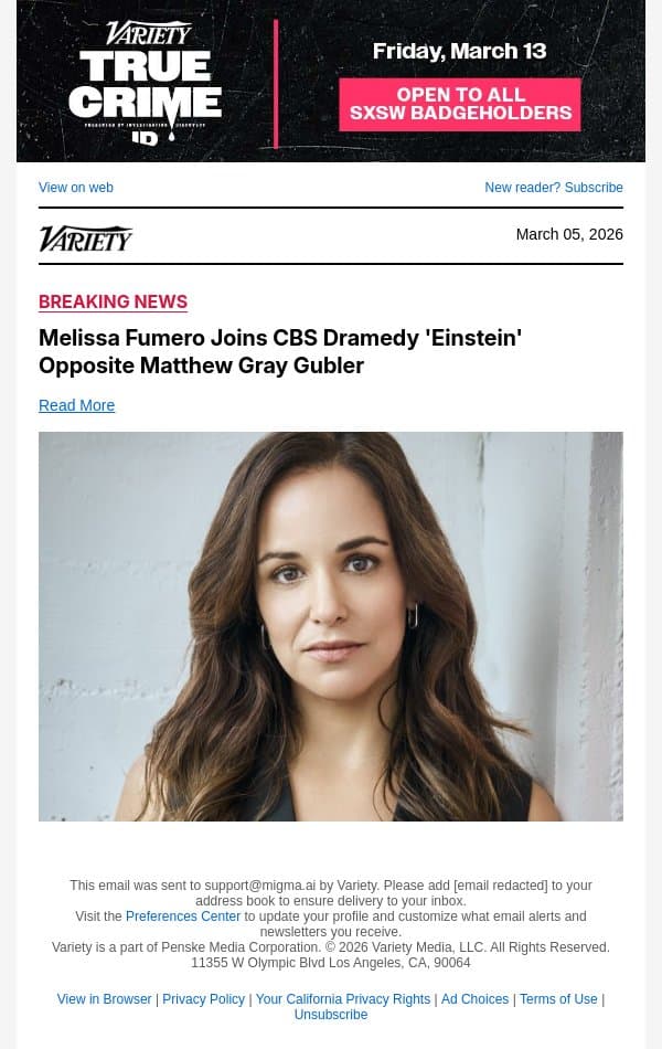 Melissa Fumero Joins CBS Dramedy 'Einstein' Opposite Matthew Gray Gubler email from Variety screenshot