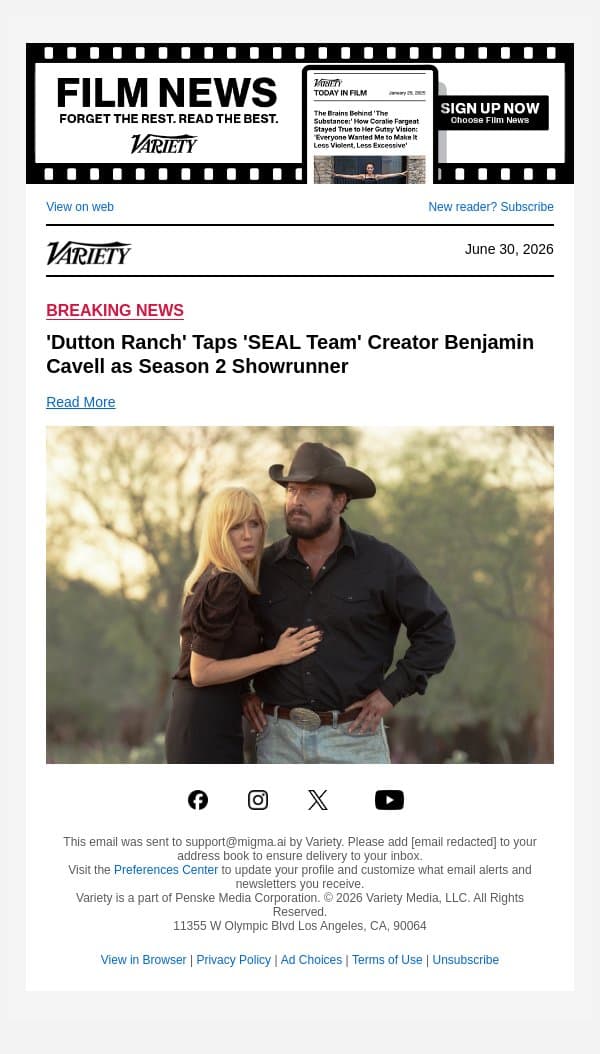'Dutton Ranch' Taps 'SEAL Team' Creator Benjamin Cavell as Season 2 Showrunner email from Variety screenshot