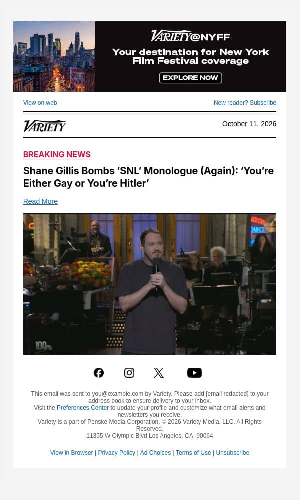 Shane Gillis Bombs ‘SNL’ Monologue (Again): ‘You’re Either Gay or You’re Hitler’ email from Variety screenshot