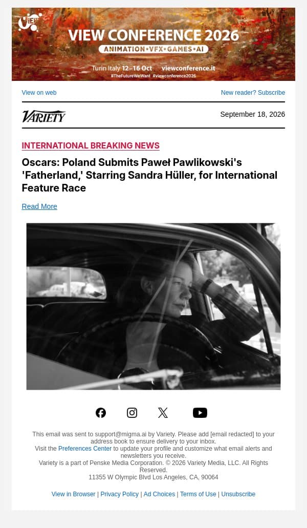 Oscars: Poland Submits Paweł Pawlikowski's 'Fatherland,' Starring Sandra Hüller, for International Feature Race email from Variety screenshot