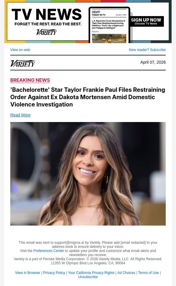 'Bachelorette' Star Taylor Frankie Paul Files Restraining Order Against Ex Dakota Mortensen Amid Domestic Violence Investigation email from Variety screenshot