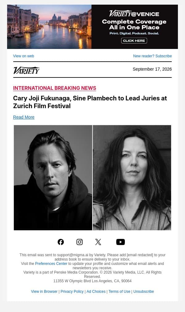 Cary Joji Fukunaga, Sine Plambech to Lead Juries at Zurich Film Festival email from Variety screenshot