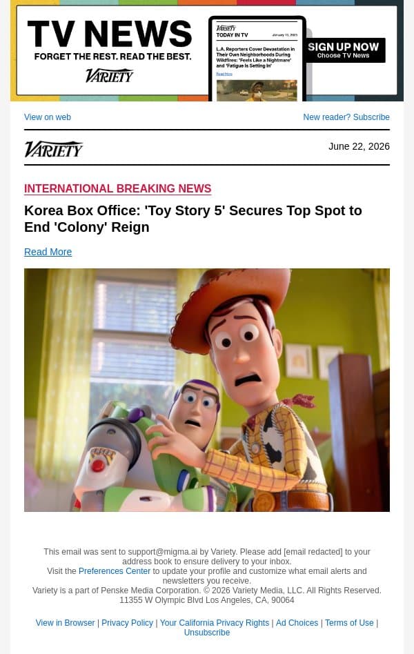Korea Box Office: 'Toy Story 5' Secures Top Spot to End 'Colony' Reign email from Variety screenshot