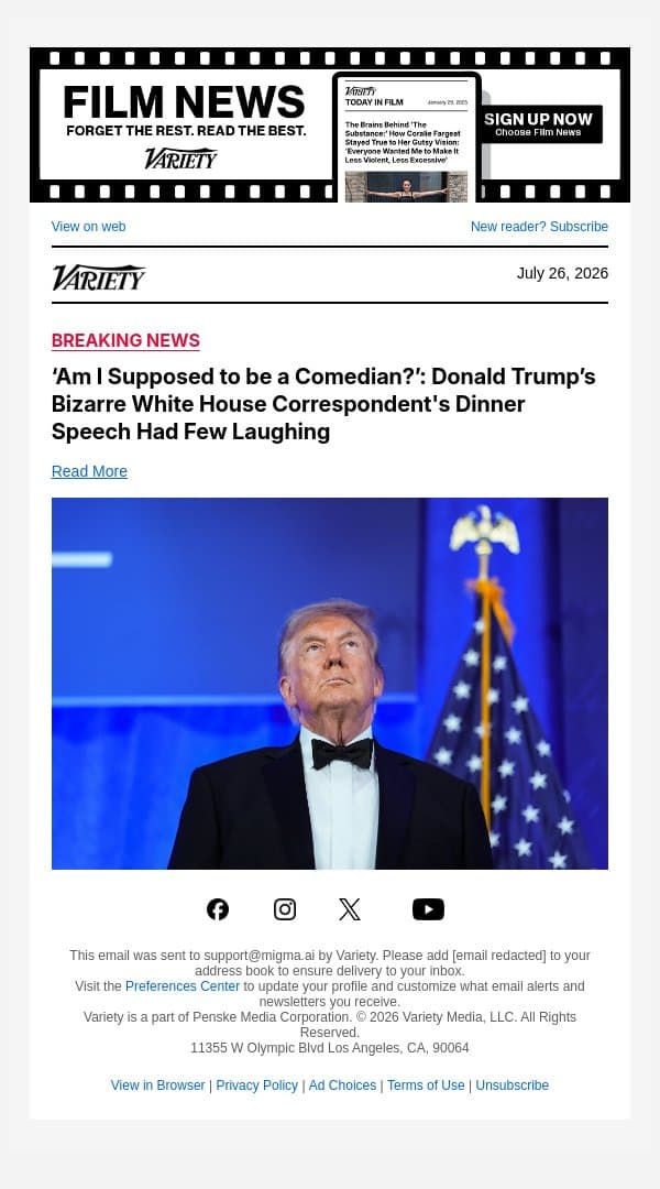 ‘Am I Supposed to be a Comedian?’: Donald Trump’s Bizarre White House Correspondent's Dinner Speech Had Few Laughing email from Variety screenshot
