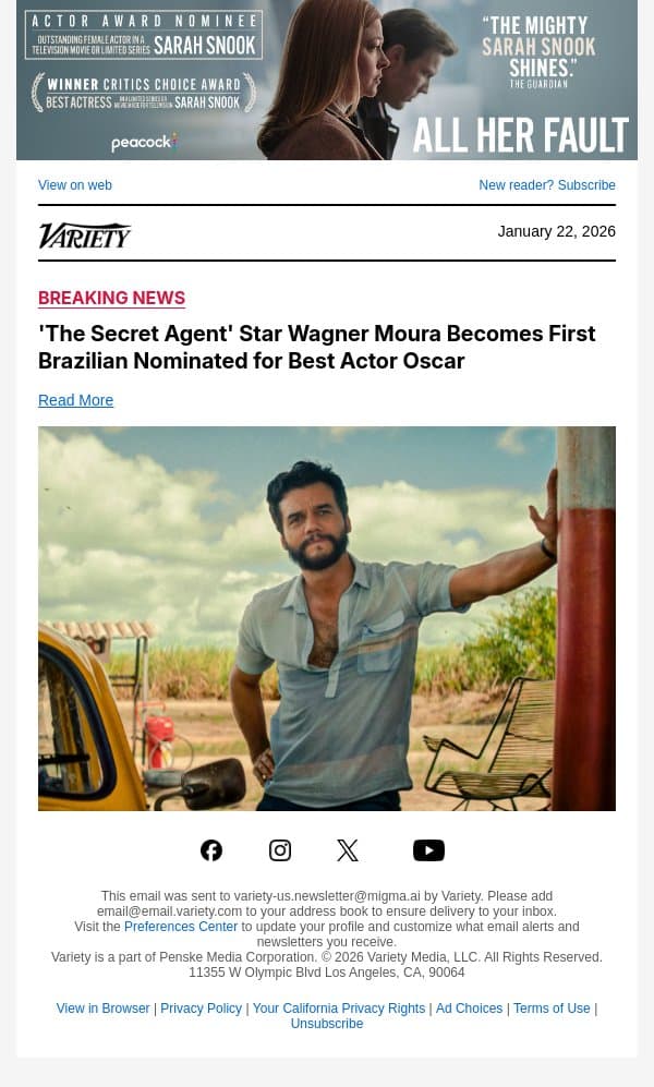 'The Secret Agent' Star Wagner Moura Becomes First Brazilian Nominated for Best Actor Oscar email from Variety screenshot