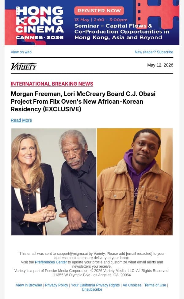Morgan Freeman, Lori McCreary Board C.J. Obasi Project From Flix Oven's New African-Korean Residency (EXCLUSIVE) email from Variety screenshot