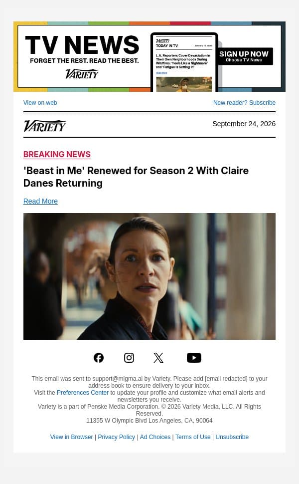 'Beast in Me' Renewed for Season 2 With Claire Danes Returning email from Variety screenshot