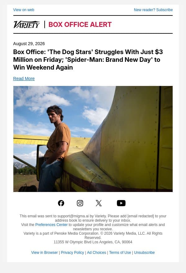 Box Office: 'The Dog Stars' Struggles With Just $3 Million on Friday; 'Spider-Man: Brand New Day' to Win Weekend Again email from Variety screenshot