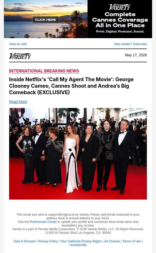 Inside Netflix's 'Call My Agent The Movie': George Clooney Cameo, Cannes Shoot and Andrea’s Big Comeback (EXCLUSIVE) email from Variety screenshot