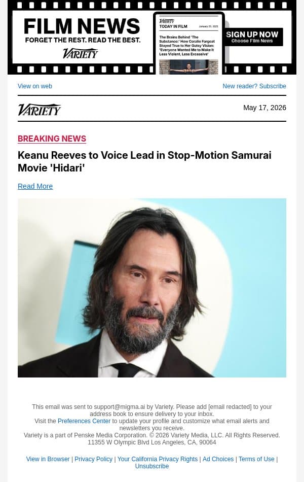 Keanu Reeves to Voice Lead in Stop-Motion Samurai Movie 'Hidari' email from Variety screenshot