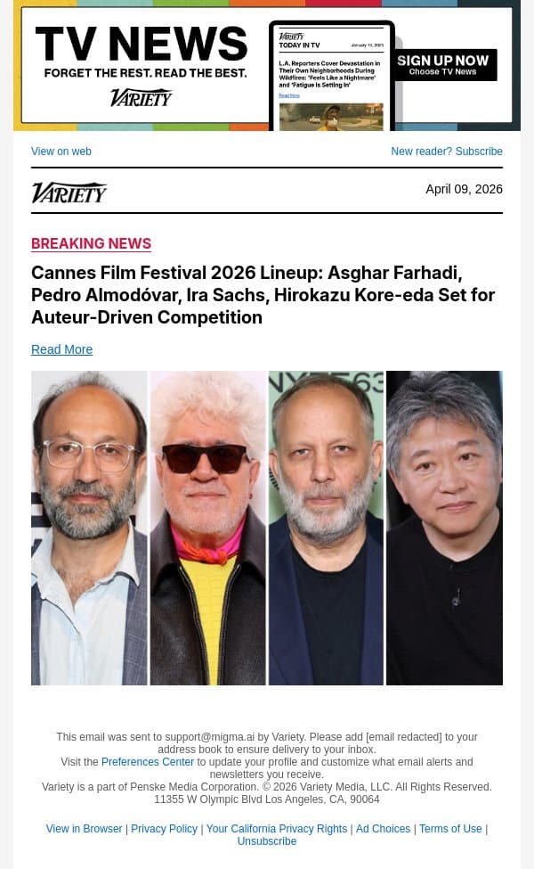 Cannes Film Festival 2026 Lineup: Asghar Farhadi, Pedro Almodóvar, Ira Sachs, Hirokazu Kore-eda Set for Auteur-Driven Competition email from Variety screenshot