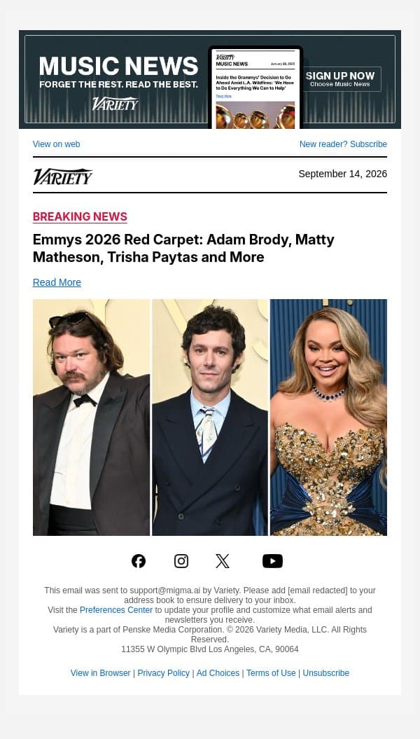 Emmys 2026 Red Carpet: Adam Brody, Matty Matheson, Trisha Paytas and More email from Variety screenshot