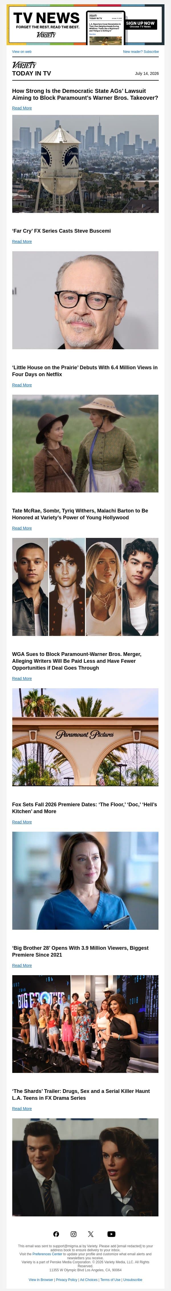 How Strong Is the Paramount-WB Lawsuit?; ‘Far Cry’ Casts Steve Buscemi; ‘Little House on the Prairie’ Ratings email from Variety screenshot