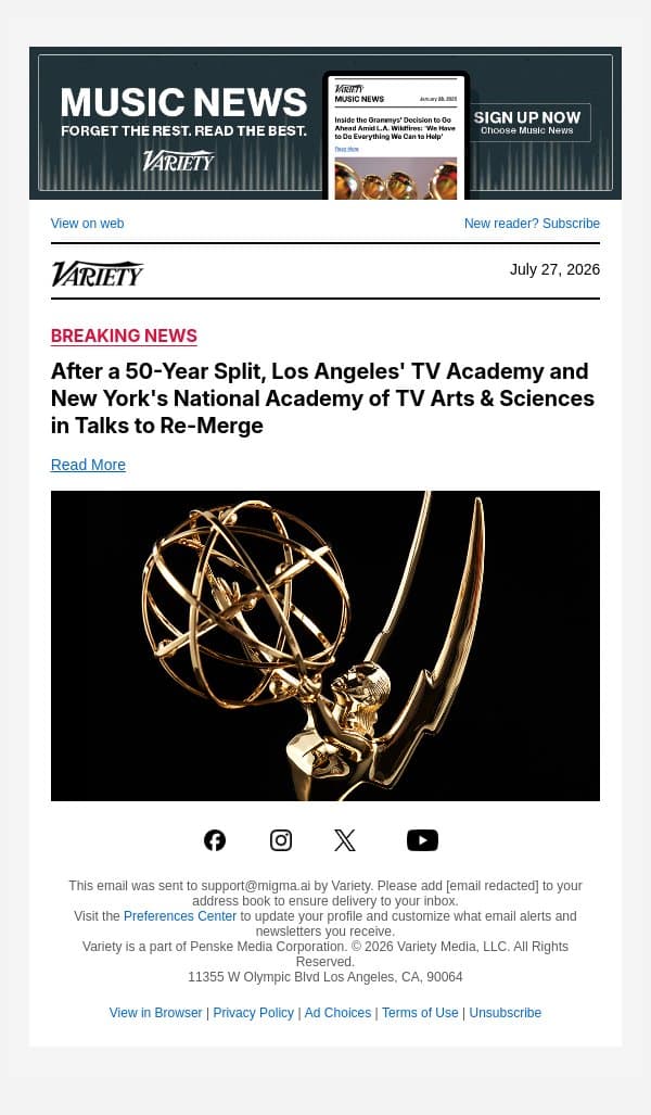 After a 50-Year Split, Los Angeles' TV Academy and New York's National Academy of TV Arts & Sciences in Talks to Re-Merge email from Variety screenshot