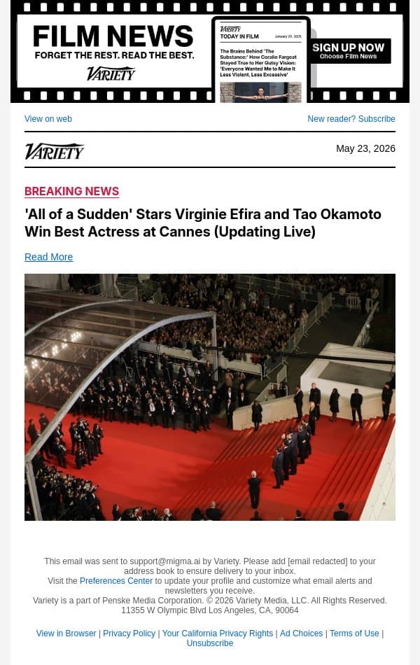 'All of a Sudden' Stars Virginie Efira and Tao Okamoto Win Best Actress at Cannes (Updating Live) email from Variety screenshot