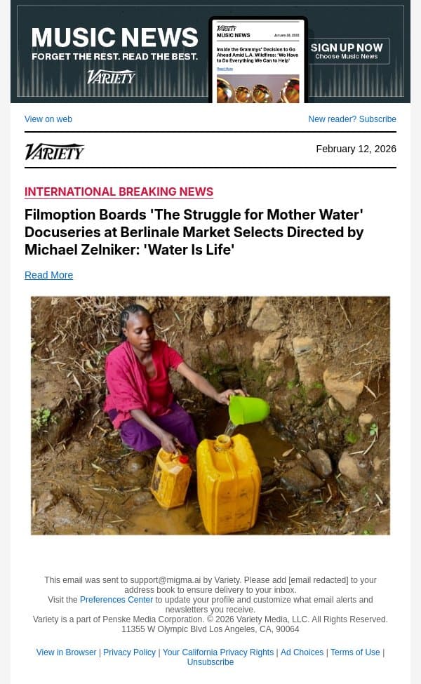 Filmoption Boards 'The Struggle for Mother Water' Docuseries at Berlinale Market Selects Directed by Michael Zelniker: 'Water Is Life' email from Variety screenshot