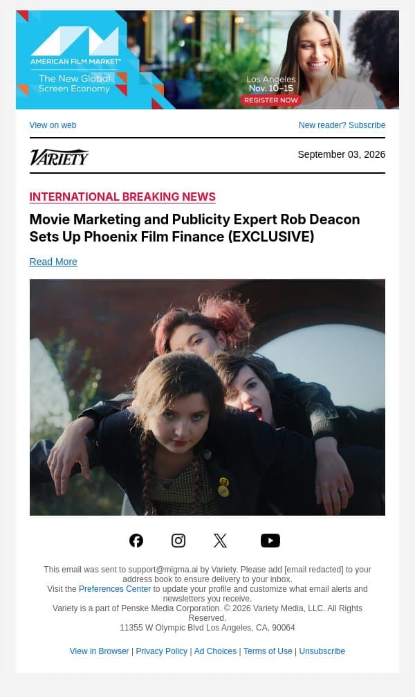 Movie Marketing and Publicity Expert Rob Deacon Sets Up Phoenix Film Finance (EXCLUSIVE) email from Variety screenshot