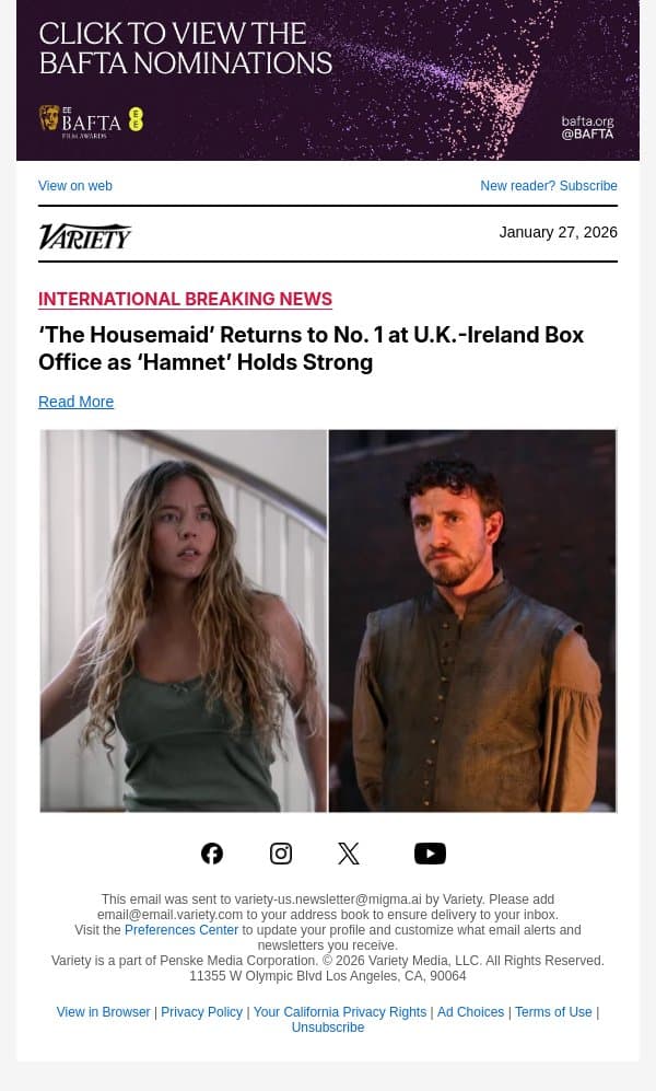 ‘The Housemaid’ Returns to No. 1 at U.K.-Ireland Box Office as ‘Hamnet’ Holds Strong email from Variety screenshot